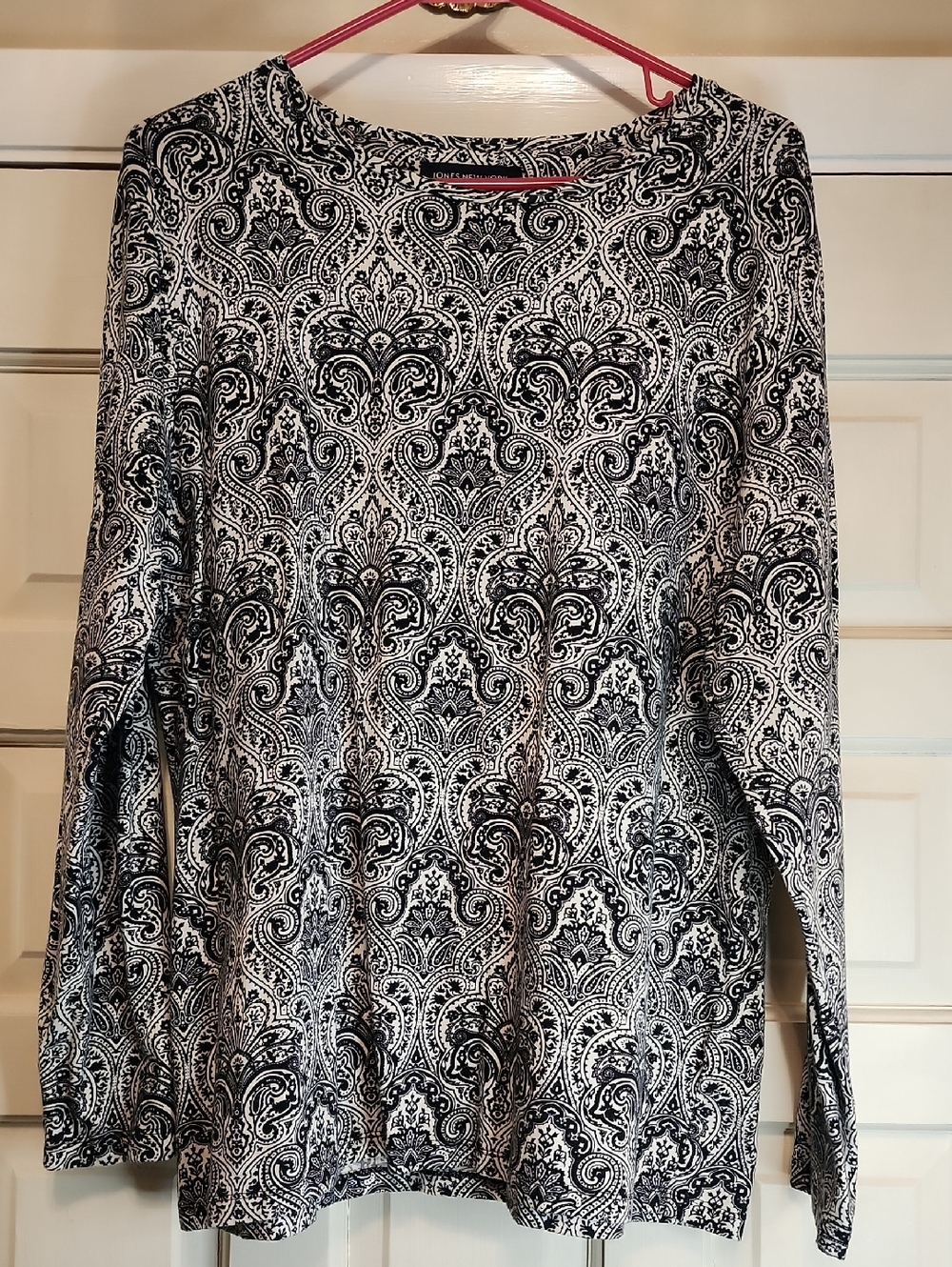 JONES NEW YORK Black White SOFT Paisley Long-Sleeve Knit Top 1X STRETCH 94% Cotn
